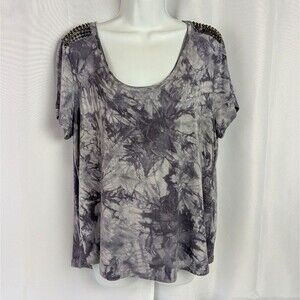 Rock & Republic Gray Tie Dye Shoulder Studded Scoop Neck Top Size XL